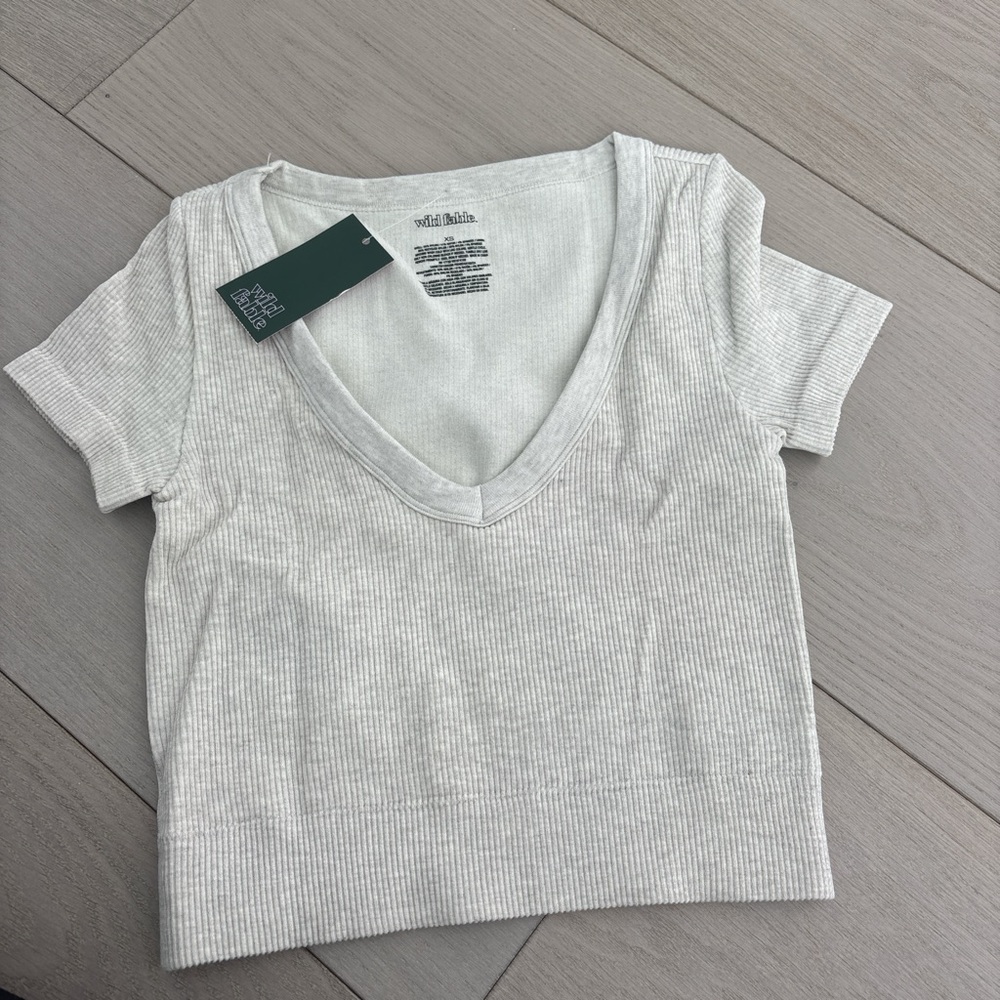 Gray Ribbed V-Neck Short Sleeve Crop Top